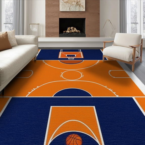 ODIKA 8'x10' Washable Area Rug Non-Slip Chair-Friendly Mat Round Basketball Hoop Striped Borders Blanket Football Bold Center for Dining Room, Large Office, Lounge