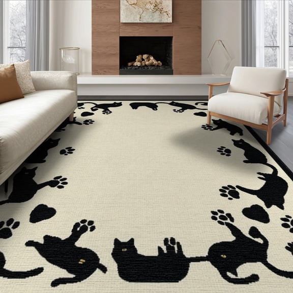 ODIKA 8'x10' Washable Area Rug Non-Slip Chair-Friendly Mat Round Print Bordered Feline Motif Symmetrical Track Whimsical for Dining Room, Large Office, Lounge