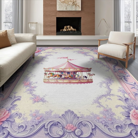 ODIKA 8'x10' Washable Area Rug Non-Slip Chair-Friendly Mat Round Storybook Whimsical Carousel Scroll Border Traffic Transitional for Dining Room, Large Office, Lounge
