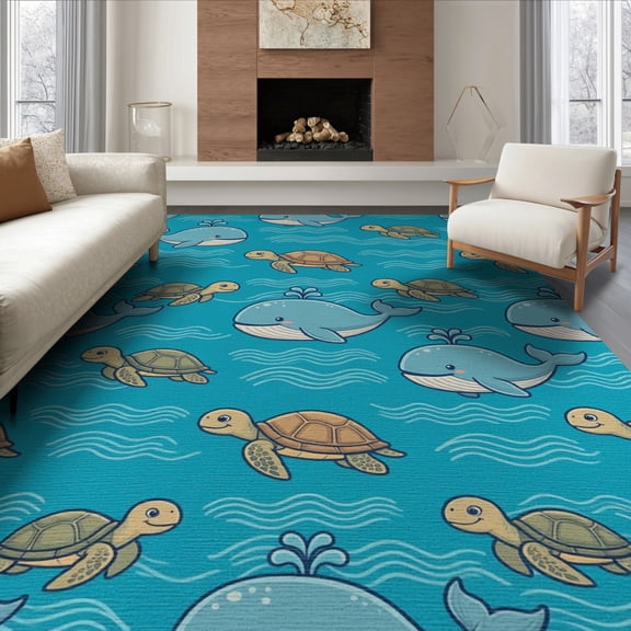 ODIKA 8'x10' Washable Area Rug Non-Slip Chair-Friendly Mat Sea Turtle Cartoon Ocean Animal With Nautical Border Whale And Refined for Dining Room, Large Office, Lounge