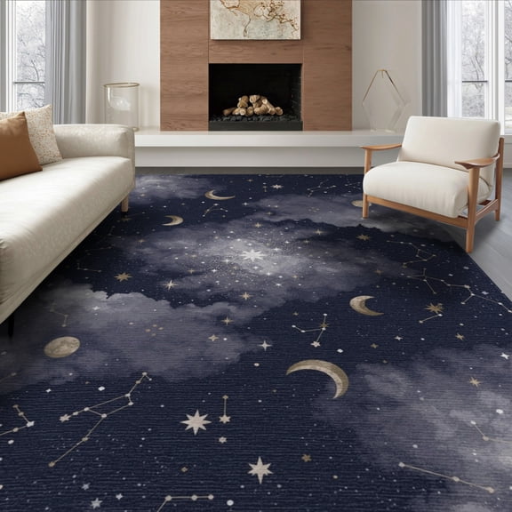 ODIKA 8'x10' Washable Area Rug Non-Slip Chair-Friendly Mat Sky Galaxy Cloud Motif With Moon And Constellation Accents Starry Flowing for Dining Room, Large Office, Lounge