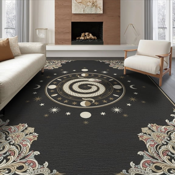 ODIKA 8'x10' Washable Area Rug Non-Slip Chair-Friendly Mat Snake Gothic Celestial Medallion With Vintage Moon Phase Border for Dining Room, Large Office, Lounge