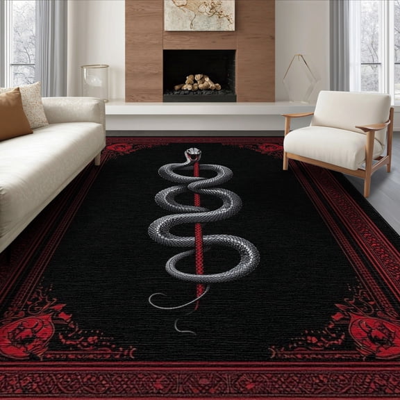ODIKA 8'x10' Washable Area Rug Non-Slip Chair-Friendly Mat Snake Moody Gothic Coiled Serpent Border Motif Abstract Vintage for Dining Room, Large Office, Lounge