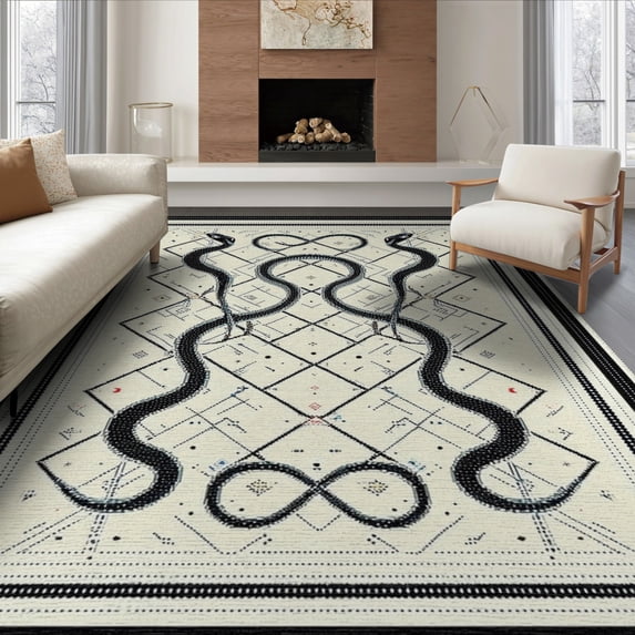 ODIKA 8'x10' Washable Area Rug Non-Slip Chair-Friendly Mat Snake Serpent Retro Abstract Grid Reptile Geometric Aesthetic for Dining Room, Large Office, Lounge