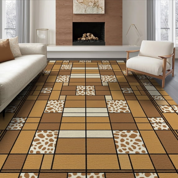ODIKA 8'x10' Washable Area Rug Non-Slip Chair-Friendly Mat Spotted Mosaic Tonal Patchwork Blocks Brindle Bold Cow Print Refined Structured for Dining Room, Large Office, Lounge