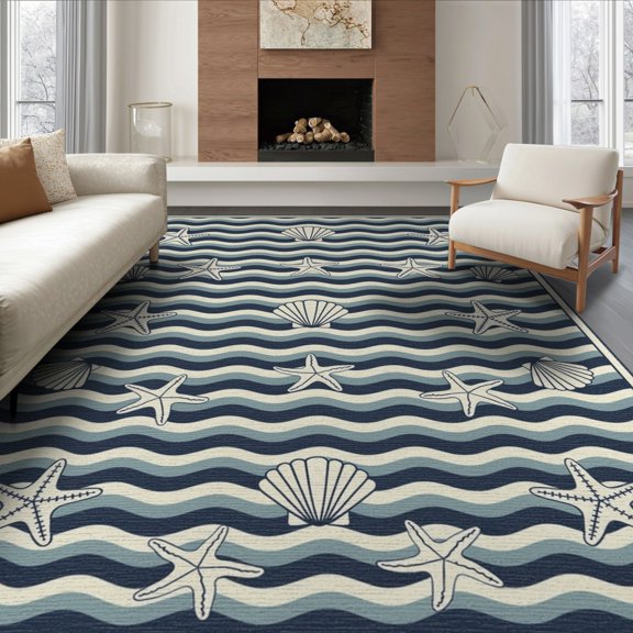 ODIKA 8'x10' Washable Area Rug Non-Slip Chair-Friendly Mat Starfish Navy Ivory Rhythmic Wave Band Coral Reef Ocean Bathroom for Dining Room, Large Office, Lounge