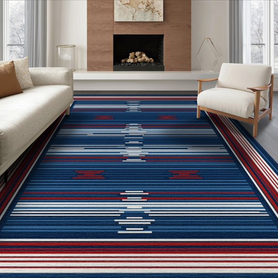ODIKA 8'x10' Washable Area Rug Non-Slip Chair-Friendly Mat Striped Border Southwestern Stripes Nested Geometric Mudroom for Dining Room, Large Office, Lounge