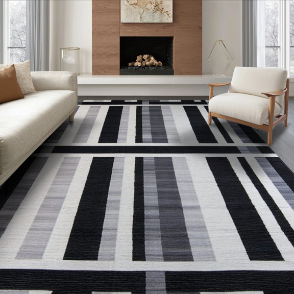 ODIKA 8'x10' Washable Area Rug Non-Slip Chair-Friendly Mat Striped Geometric Abstract Design With Interlocking Bands And Modern Border for Dining Room, Large Office, Lounge