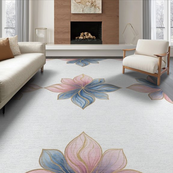 ODIKA 8'x10' Washable Area Rug Non-Slip Chair-Friendly Mat Swirl Design With Gold Veined Watercolor Motif Marble Abstract Refined for Dining Room, Large Office, Lounge
