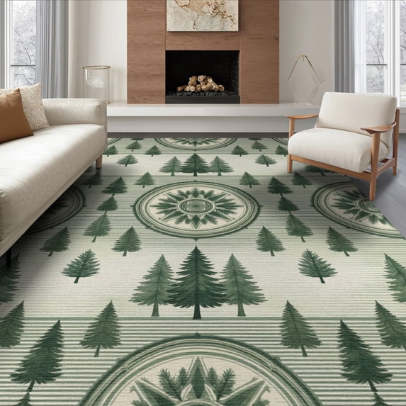 ODIKA 8'x10' Washable Area Rug Non-Slip Chair-Friendly Mat Symmetrical Forest Medallion Striped Bands Gentle Green Wash for Dining Room, Large Office, Lounge