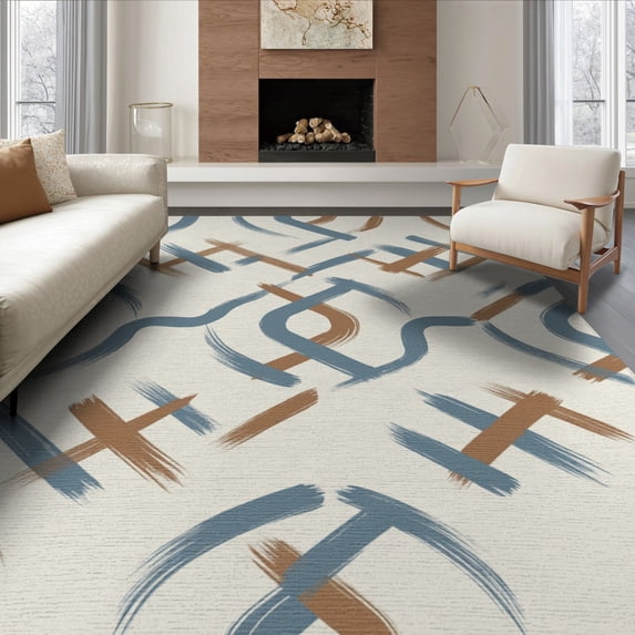 ODIKA 8'x10' Washable Area Rug Non-Slip Chair-Friendly Mat Tan Abstract Navy Neutral Motif Geometric Interlocking Brushstroke for Dining Room, Large Office, Lounge