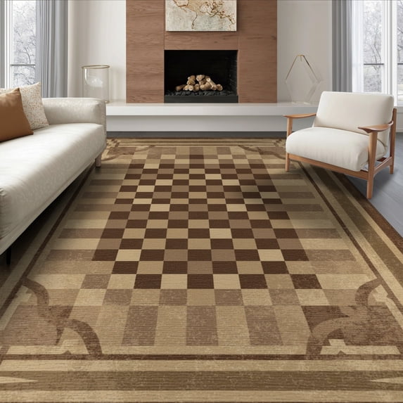 ODIKA 8'x10' Washable Area Rug Non-Slip Chair-Friendly Mat Throw Distressed Large Grid Faded Motif Border Details Couch for Dining Room, Office, Lounge