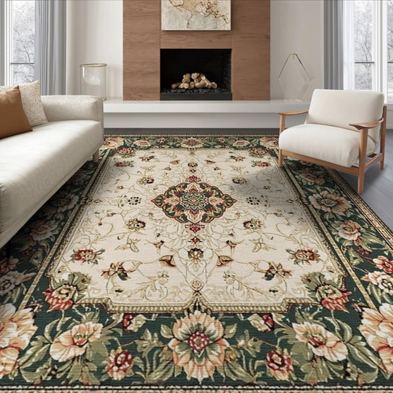ODIKA 8'x10' Washable Area Rug Non-Slip Chair-Friendly Mat Vintage Boho Scroll Frame Distressed Border Scrolls Ornamental for Dining Room, Large Office, Lounge