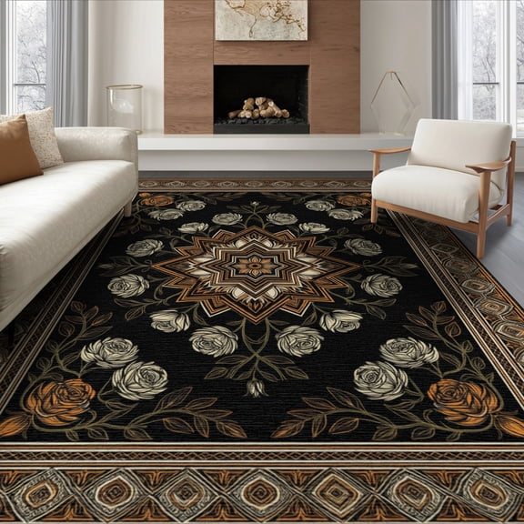 ODIKA 8'x10' Washable Area Rug Non-Slip Chair-Friendly Mat Vintage Botanical Vine Scrollwork Border Distressed Boho Southwestern Refined for Dining Room, Large Office, Lounge