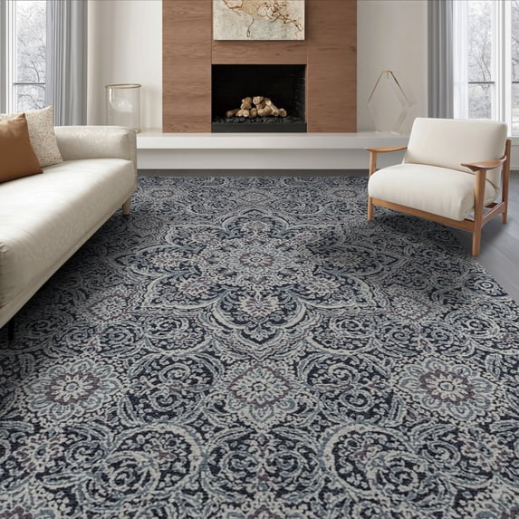 ODIKA 8'x10' Washable Area Rug Non-Slip Chair-Friendly Mat Vintage Floral Medallion With Distressed Scroll Border Motif Boho Flowing for Dining Room, Large Office, Lounge