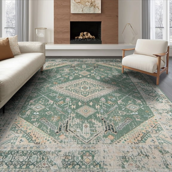 ODIKA 8'x10' Washable Area Rug Non-Slip Chair-Friendly Mat Vintage Medallion With Distressed Diamond Lattice And Border for Dining Room, Large Office, Lounge
