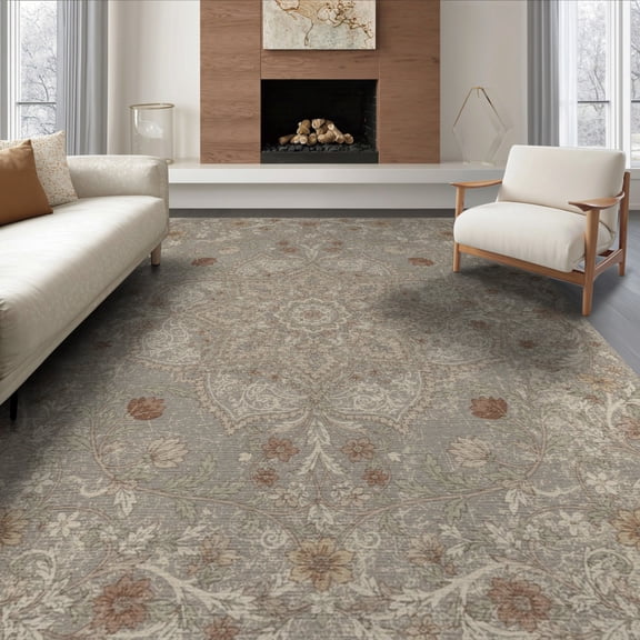 ODIKA 8'x10' Washable Area Rug Non-Slip Chair-Friendly Mat Vintage Scroll Faded Field Distressed Border Southwestern Boho Flowing Dynamic for Dining Room, Large Office, Lounge