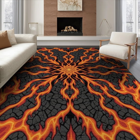 ODIKA 8'x10' Washable Area Rug Non-Slip Chair-Friendly Mat Volcano Fiery Deep Cracked Rock Pools Swirling Illusion Pile for Dining Room, Large Office, Lounge