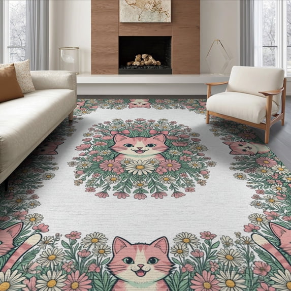 ODIKA 8'x10' Washable Area Rug Non-Slip Chair-Friendly Mat Wildflower Border Blooming Flower Cute Kittens Ribbon Cartoon Boho Refined for Dining Room, Large Office, Lounge
