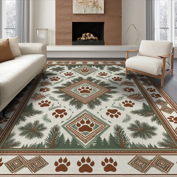 ODIKA 8'x10' Washable Area Rug Non-Slip Chair-Friendly Mat Woodland Forest Boho Motifs Wildlife Antler Centered Cabin Print Refined for Dining Room, Large Office, Lounge