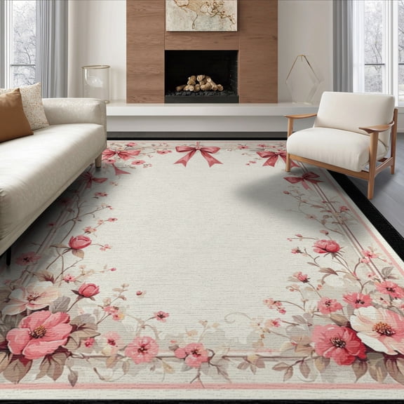 ODIKA 8'x10' Washable Area Rug Non-Slip Chair-Friendly Mat Wreath Centerpiece Frame Border Dainty Polka Dot Cute Motif for Dining Room, Large Office, Lounge