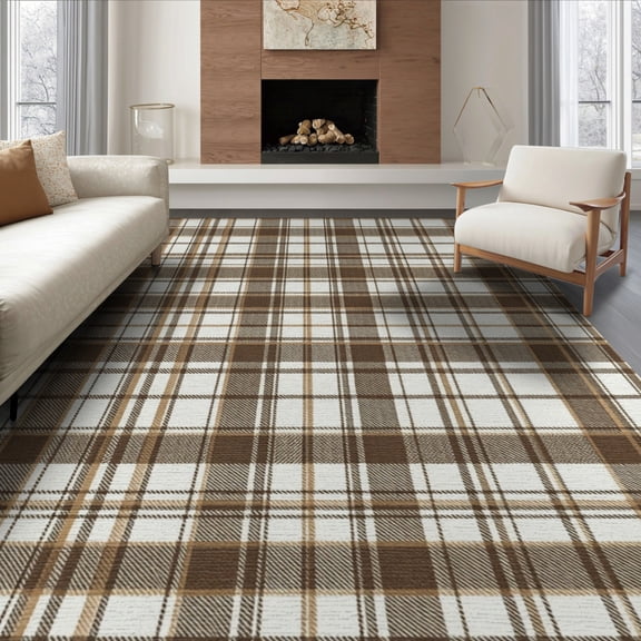 ODIKA 8'x10' Washable Area Rug Nursey Plaid Checkered Print Intersecting Lines Contemporary for King Size Bedroom Under Bed, Master Suite, Non-Shedding, Easy Care