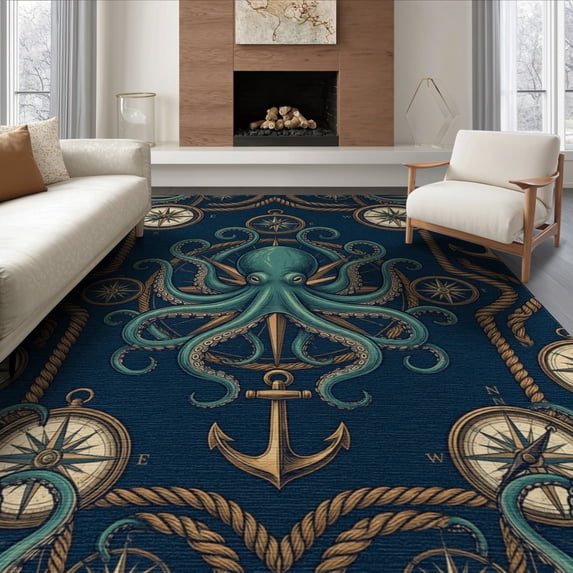 ODIKA 8'x10' Washable Area Rug Ocean Animal Cartoon Adventure Weathered Navigation Theme Artwork for Dining Room, Large Office, Lounge, Non-Slip Chair-Friendly Mat