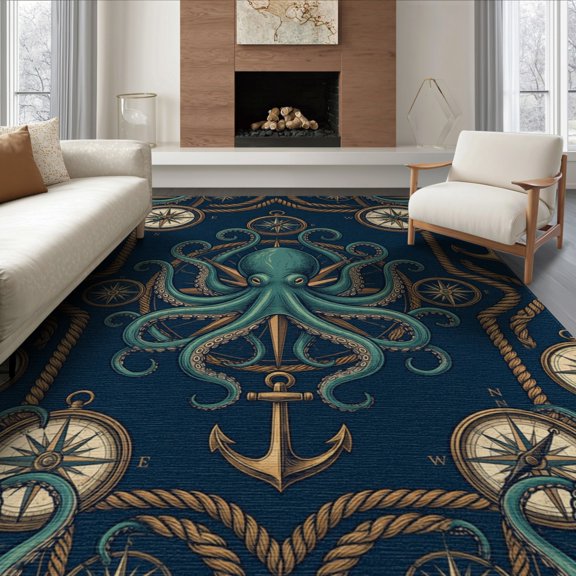 ODIKA 8'x10' Washable Area Rug Ocean Animal Cartoon Adventure Weathered Navigation Theme Artwork for Dining Room, Large Office, Lounge, Non-Slip Chair-Friendly Mat