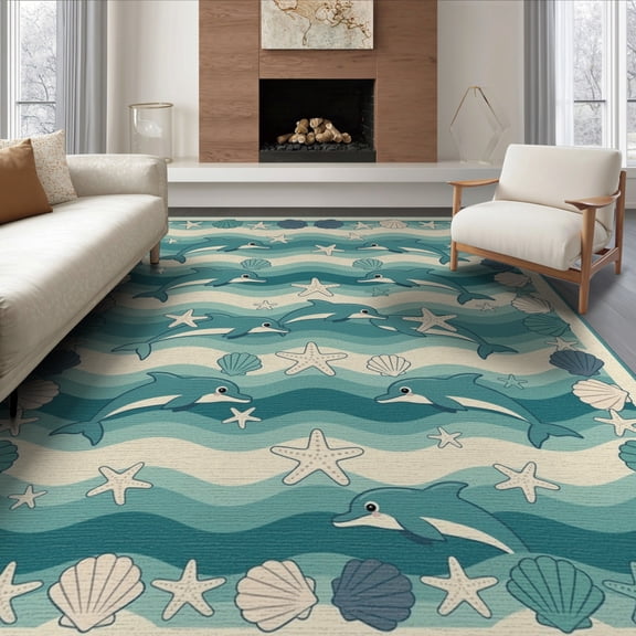 ODIKA 8'x10' Washable Area Rug Ocean Theme Marine Seashell Wave Border Themed Turtle Dolphin Flowing Dynamic for Dining Room, Large Office, Lounge, Non-Slip Chair-Friendly Mat