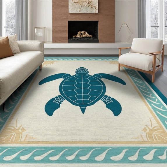 ODIKA 8'x10' Washable Area Rug Ocean Turtle Main Nautical Compass Center Map Wave Border Coral for Living Room, Under Sectional, Family , Durable, Non-Slip