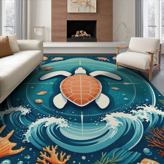 ODIKA 8'x10' Washable Area Rug Ocean Turtle Main Nautical Wave Coral Compass Motifs Map Border for Living Room, Under Sectional, Family , Durable, Non-Slip