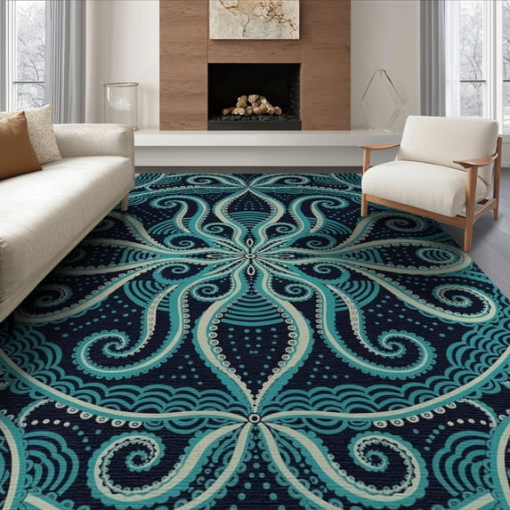 ODIKA 8'x10' Washable Area Rug Octopus Animals Nautical Tentacle Spiral Abstract Ocean Navy Flowing Dynamic for Living Room, Under Sectional, Family , Durable, Non-Slip