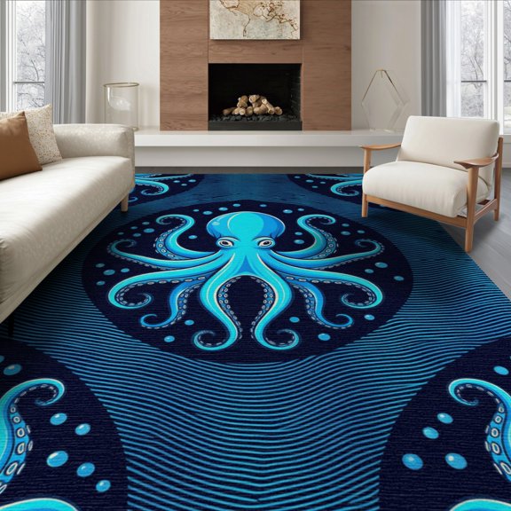 ODIKA 8'x10' Washable Area Rug Octopus Marine Creature Wave Border Tentacle Nautical Navy Animals Refined for Dining Room, Large Office, Lounge, Non-Slip Chair-Friendly Mat