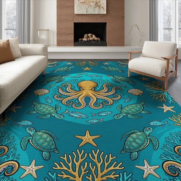 ODIKA 8'x10' Washable Area Rug Octopus Marine Educational Turtle Fish Motifs Ocean Underwater Refined for King Size Bedroom Under Bed, Master Suite, Non-Shedding, Easy Care