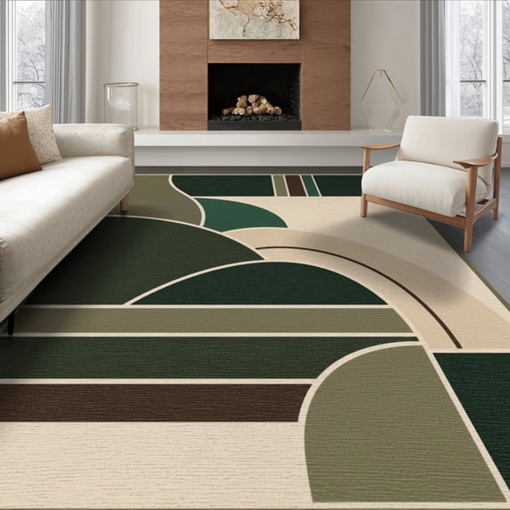ODIKA 8'x10' Washable Area Rug Olive Beige Geometric Elegance Modern Art Inspired Design for Living Room, Under Sectional, Family , Durable, Non-Slip