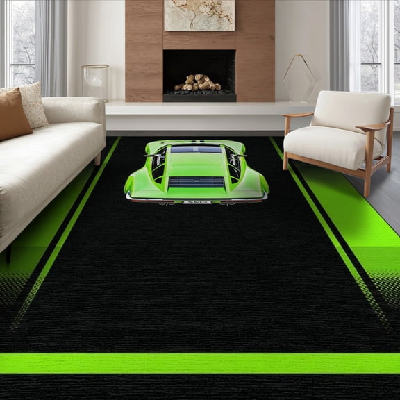 ODIKA 8'x10' Washable Area Rug Ombre Car Diagonal Stripes Flags Checkered Track Motif for Living Room, Under Sectional, Family , Durable, Non-Slip