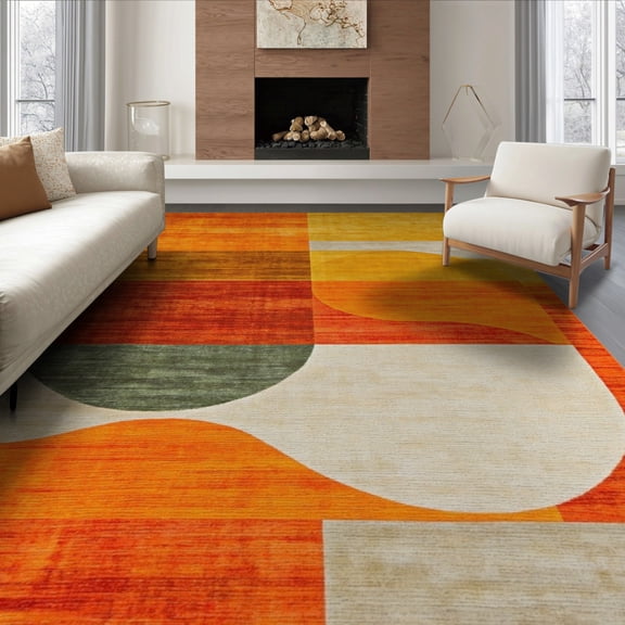 ODIKA 8'x10' Washable Area Rug Orange Mid Abstract Expressionist Retro Century Dynamic Freeform Splash Shapes with Bold for King Size Bedroom Under Bed, Master Suite, Non-Shedding, Easy Care