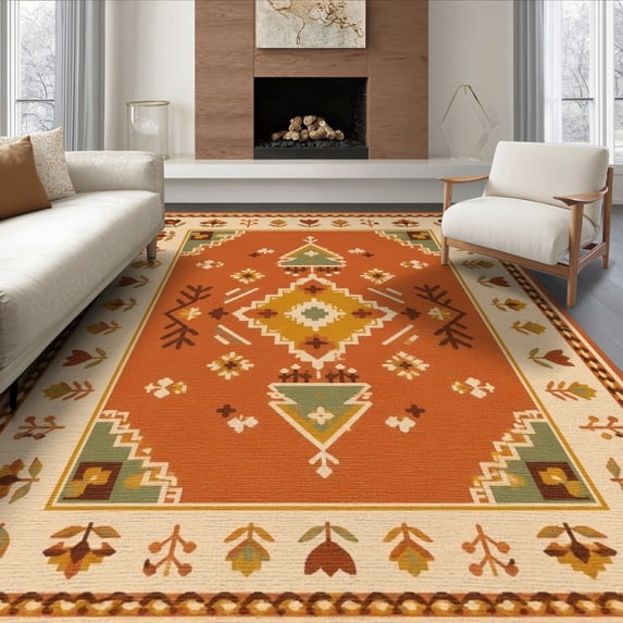 ODIKA 8'x10' Washable Area Rug Orange Rust Geometric Medallion Intricate Motif with Floral Accents for Living Room, Under Sectional, Family , Durable, Non-Slip