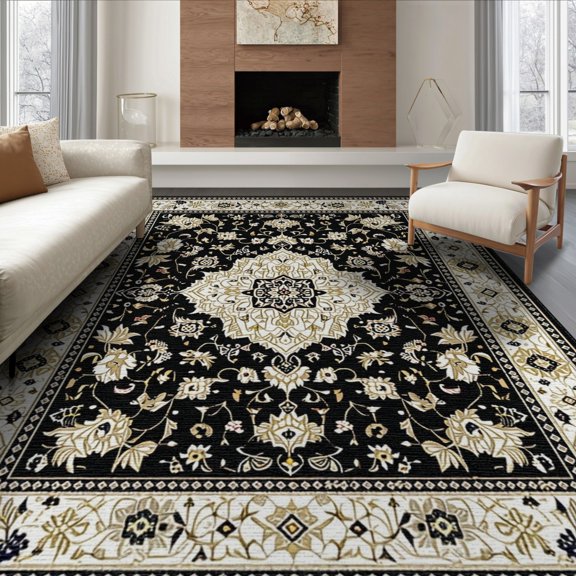 ODIKA 8'x10' Washable Area Rug Oriental Boho Medallion With Traditional Floral Scroll Border for King Size Bedroom Under Bed, Master Suite, Non-Shedding, Easy Care