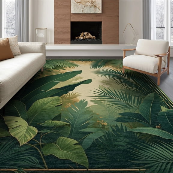 ODIKA 8'x10' Washable Area Rug Palm Leaf Tropical Botanical Foliage With Vintage Scroll Frame Accents for King Size Bedroom Under Bed, Master Suite, Non-Shedding, Easy Care