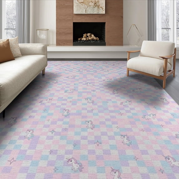 ODIKA 8'x10' Washable Area Rug Pastel Grid Design Star Accent Fantasy Theme Decorative for King Size Bedroom Under Bed, Master Suite, Non-Shedding, Easy Care