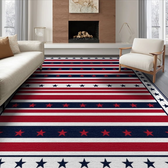 ODIKA 8'x10' Washable Area Rug Patriotic Stars Stripes Independence Fourth Reinforced Flannel July Flowing for King Size Bedroom Under Bed, Master Suite, Non-Shedding, Easy Care