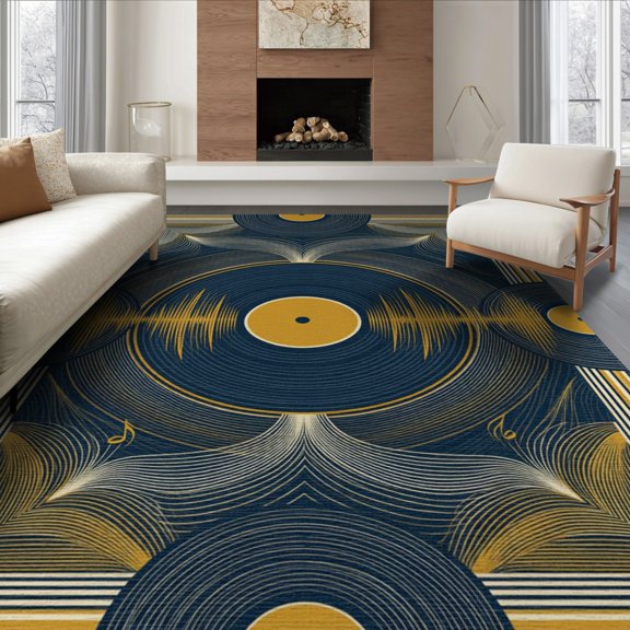 ODIKA 8'x10' Washable Area Rug Personalized Record Musical Note Graphic Movie Theater Juice for Dining Room, Large Office, Lounge, Non-Slip Chair-Friendly Mat