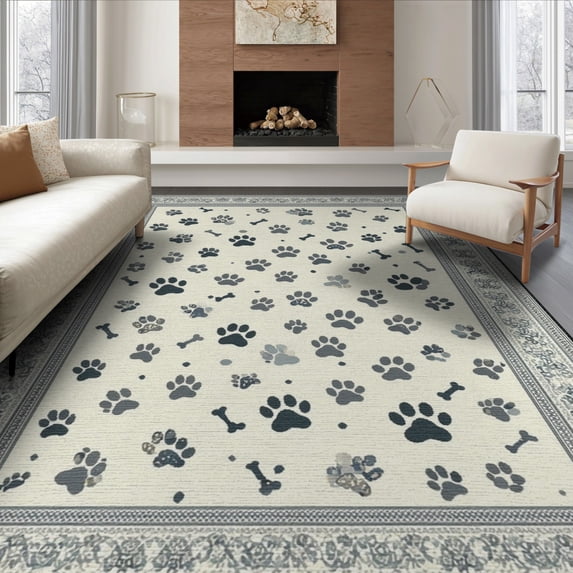 ODIKA 8'x10' Washable Area Rug Pet Paw Print With Interlocking Bone Motifs Contemporary Design for Dining Room, Large Office, Lounge, Non-Slip Chair-Friendly Mat