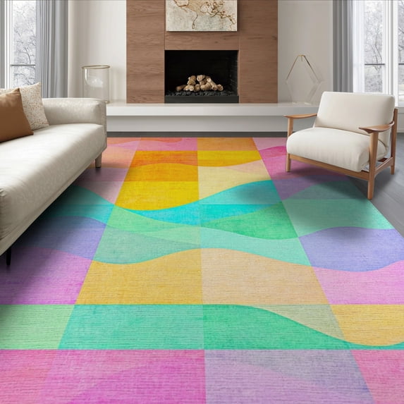 ODIKA 8'x10' Washable Area Rug Pink Abstract Checkered Grid Funky Wavy Pastel Blocks Orange for Living Room, Under Sectional, Family , Durable, Non-Slip