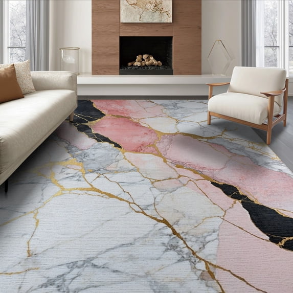 ODIKA 8'x10' Washable Area Rug Pink Abstract Grey Gradient Veined Borders Border Swirling Veining for Dining Room, Large Office, Lounge, Non-Slip Chair-Friendly Mat