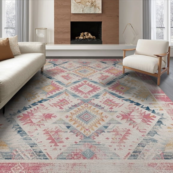 ODIKA 8'x10' Washable Area Rug Pink Blue Boho Southwestern Mosaic Tiled Diamonds Zigzag Motifs in Rustic Style for Dining Room, Large Office, Lounge, Non-Slip Chair-Friendly Mat