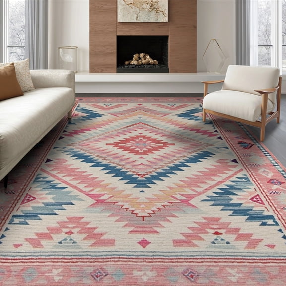 ODIKA 8'x10' Washable Area Rug Pink Blue Boho Southwestern Zigzag Diamond Borders with Interlocking Motifs for Living Room, Under Sectional, Family , Durable, Non-Slip