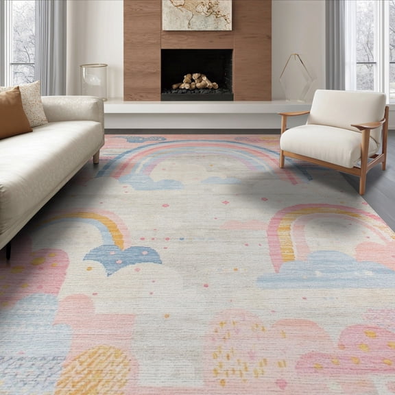 ODIKA 8'x10' Washable Area Rug Pink Boho Scallop Border Whimsical Scattered Polka Dot Motifs for Living Room, Under Sectional, Family , Durable, Non-Slip