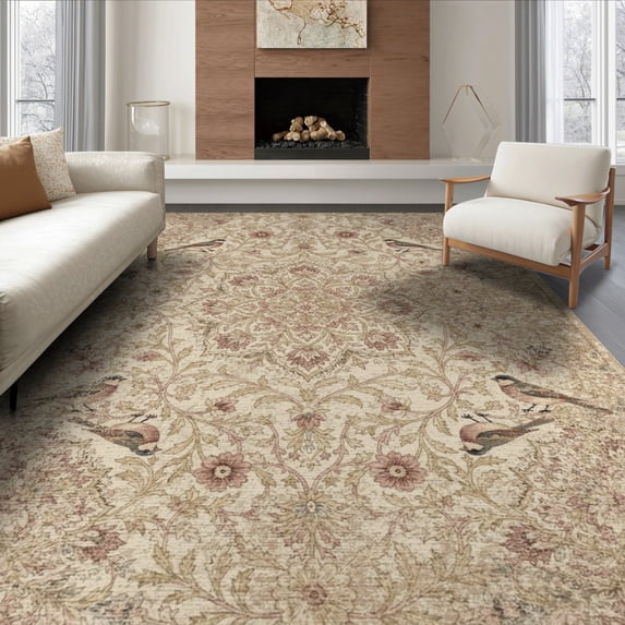 ODIKA 8'x10' Washable Area Rug Pink Boho Songbird Featuring Scrolling Vine Borders Vintage Extra for Living Room, Under Sectional, Family , Durable, Non-Slip